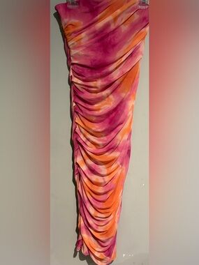 Zara Printed Tulle Strapless Ruched Midi Dress